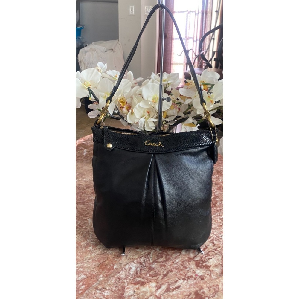 COACH Ashley Hippie Black‎ Leather Snakeskin Trim Gold Shoulder Bag F20114 EUC!